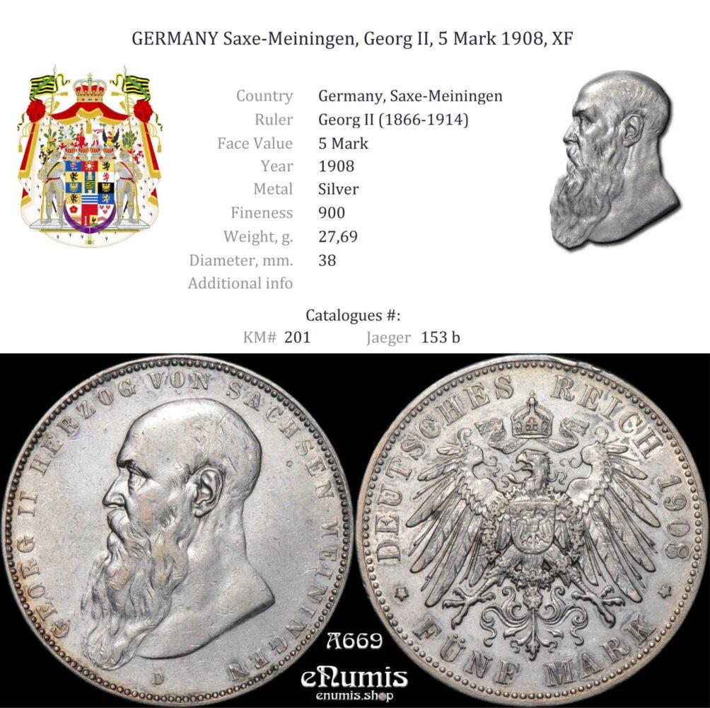 GERMANY Saxe-Meiningen, Georg II, 5 Mark 1908, XF GERMANY Saxe-Meiningen, Georg II, 5 Mark 1908, XF