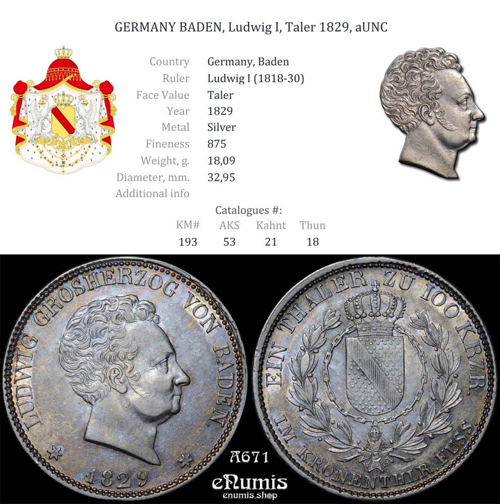 GERMANY BADEN, Ludwig I, Taler 1829, aUNC