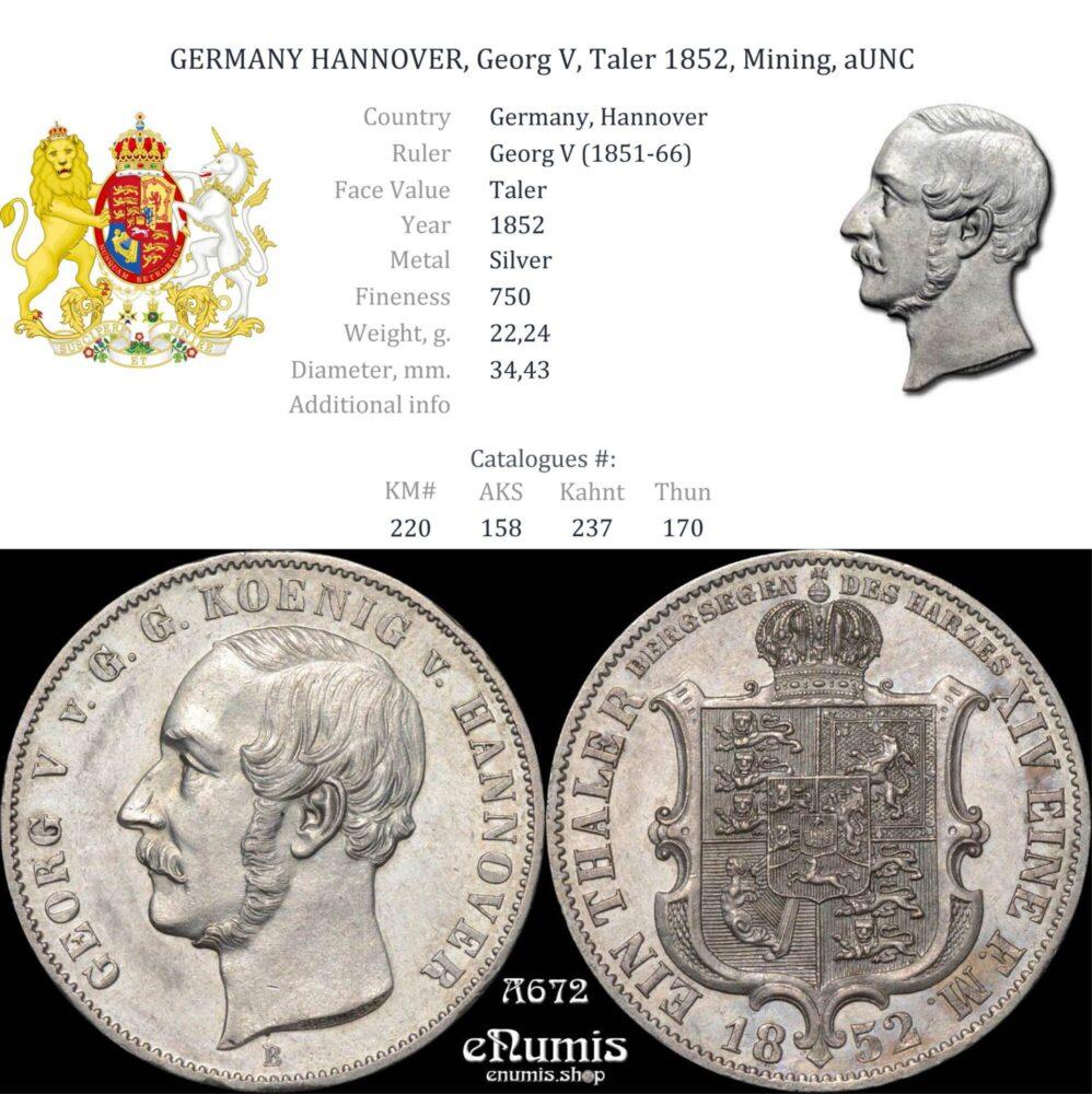 GERMANY HANNOVER, Georg V, Taler 1852, Mining, aUNC