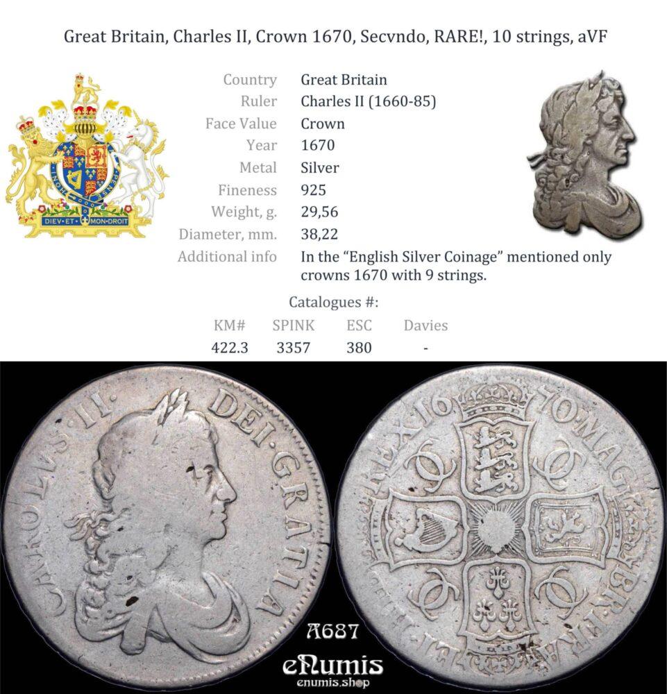 Great Britain, Charles II, Crown 1670, Secvndo, RARE!, 10 strings, aVF