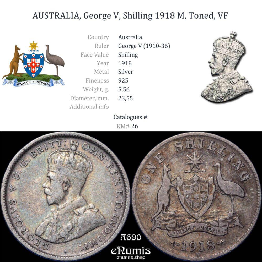 AUSTRALIA, George V, Shilling 1918 M, Toned, VF