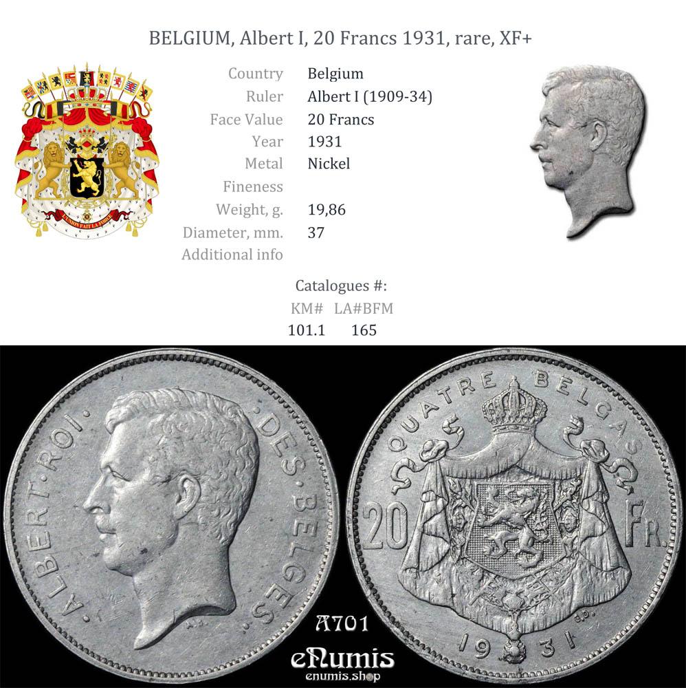 BELGIUM, Albert I, 20 Francs 1931, rare, XF+