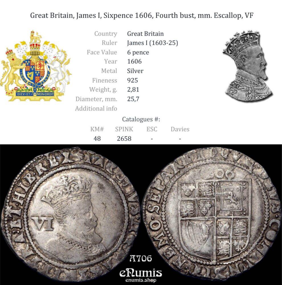Great Britain, James I, Sixpence 1606, Fourth bust, mm. Escallop, VF