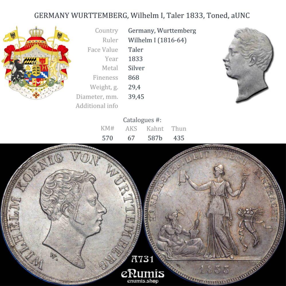 GERMANY WURTTEMBERG, Wilhelm I, Taler 1833, Toned, aUNC