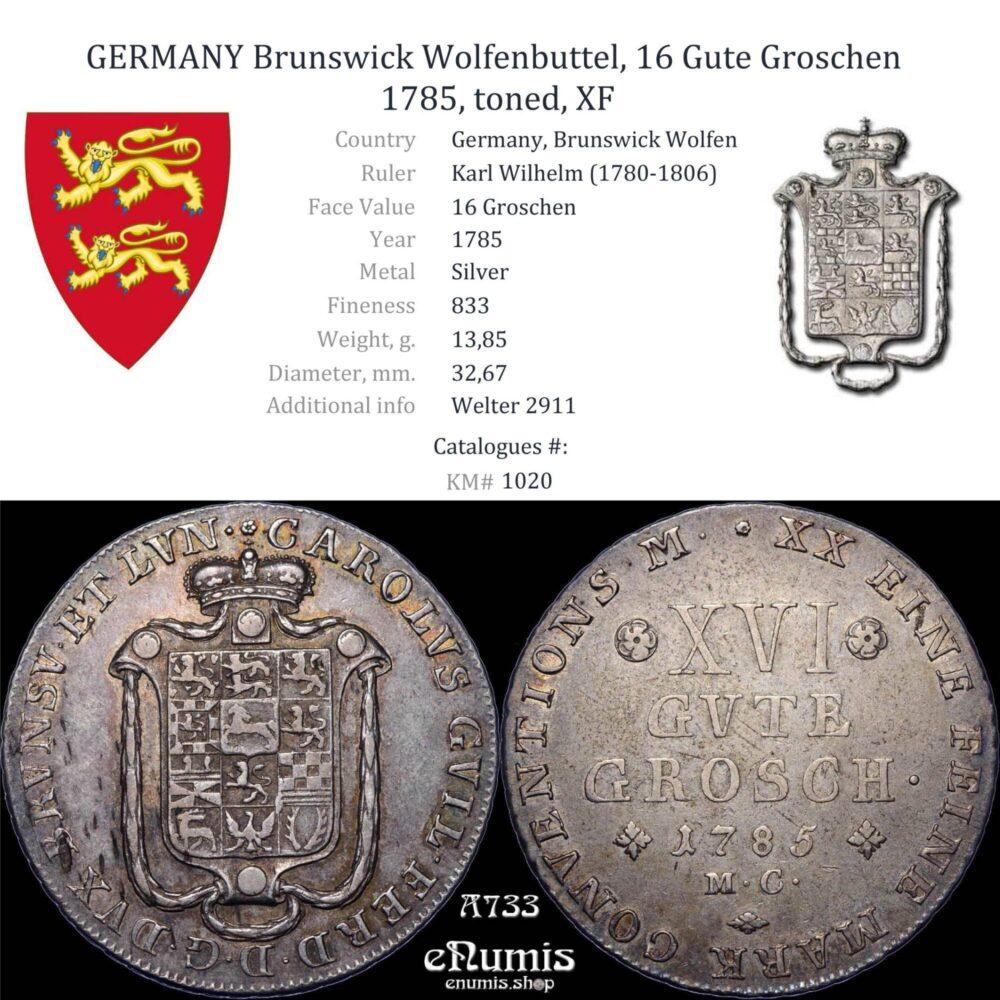 GERMANY Brunswick Wolfenbuttel, 16 Gute Groschen 1785, toned, XF