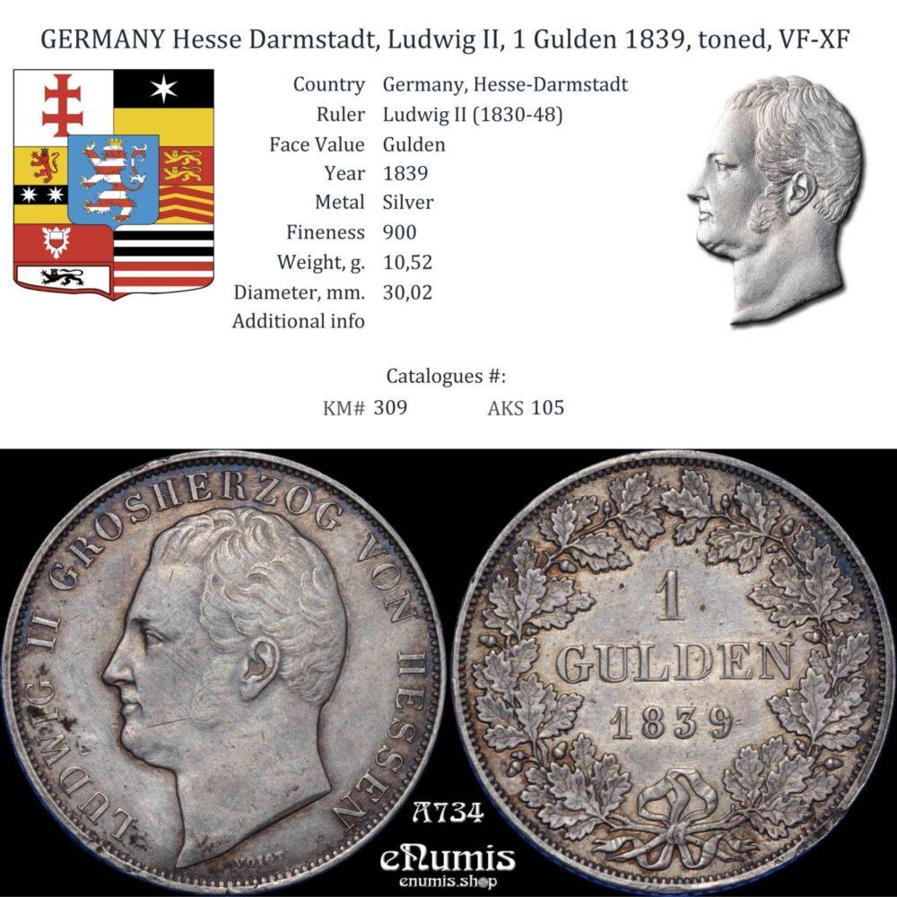 GERMANY Hesse Darmstadt, Ludwig II, 1 Gulden 1839, toned, VF-XF