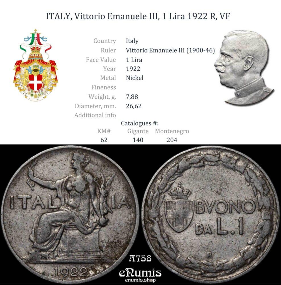 ITALY, Vittorio Emanuele III, 1 Lira 1922 R, VF