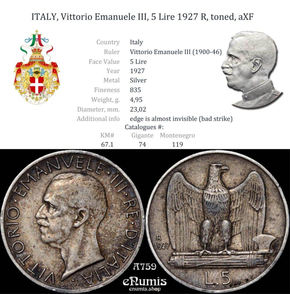 ITALY, Vittorio Emanuele III, 5 Lire 1927 R, toned, aXF