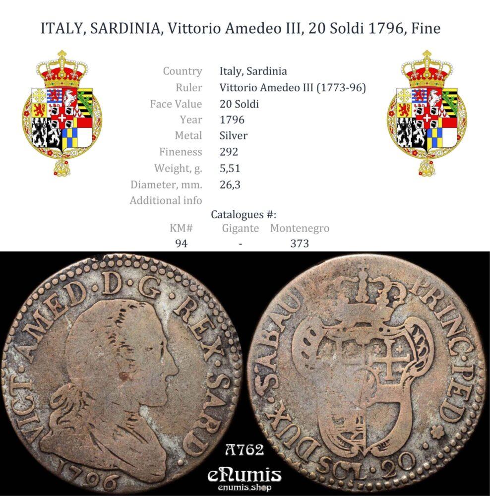 ITALY, SARDINIA, Vittorio Amedeo III, 20 Soldi 1796, Fine