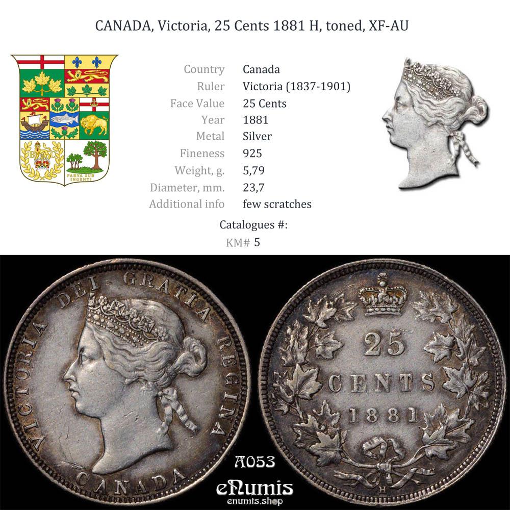 CANADA, Victoria, 25 Cents 1881 H, toned, XF-AU