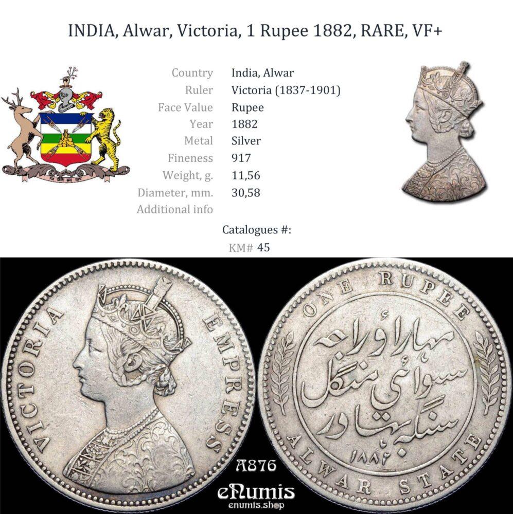 INDIA, Alwar, Victoria, 1 Rupee 1882, RARE, VF+