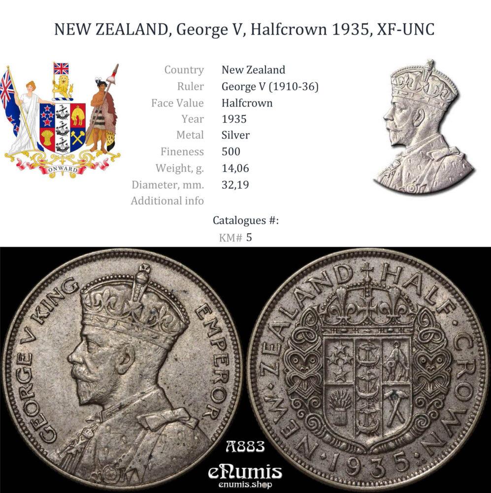 NEW ZEALAND, George V, Halfcrown 1935, XF-UNC NEW ZEALAND, George V, Halfcrown 1935, XF-UNC