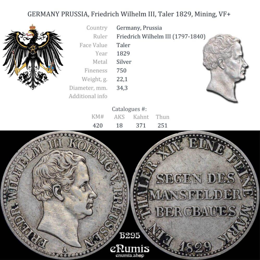GERMANY PRUSSIA, Friedrich Wilhelm III, Taler 1829, Mining, VF+ GERMANY PRUSSIA, Friedrich Wilhelm III, Taler 1829, Mining, VF+