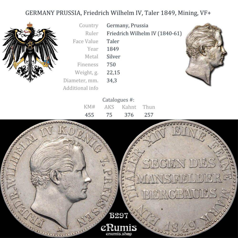 GERMANY PRUSSIA, Friedrich Wilhelm IV, Taler 1849, Mining, VF+