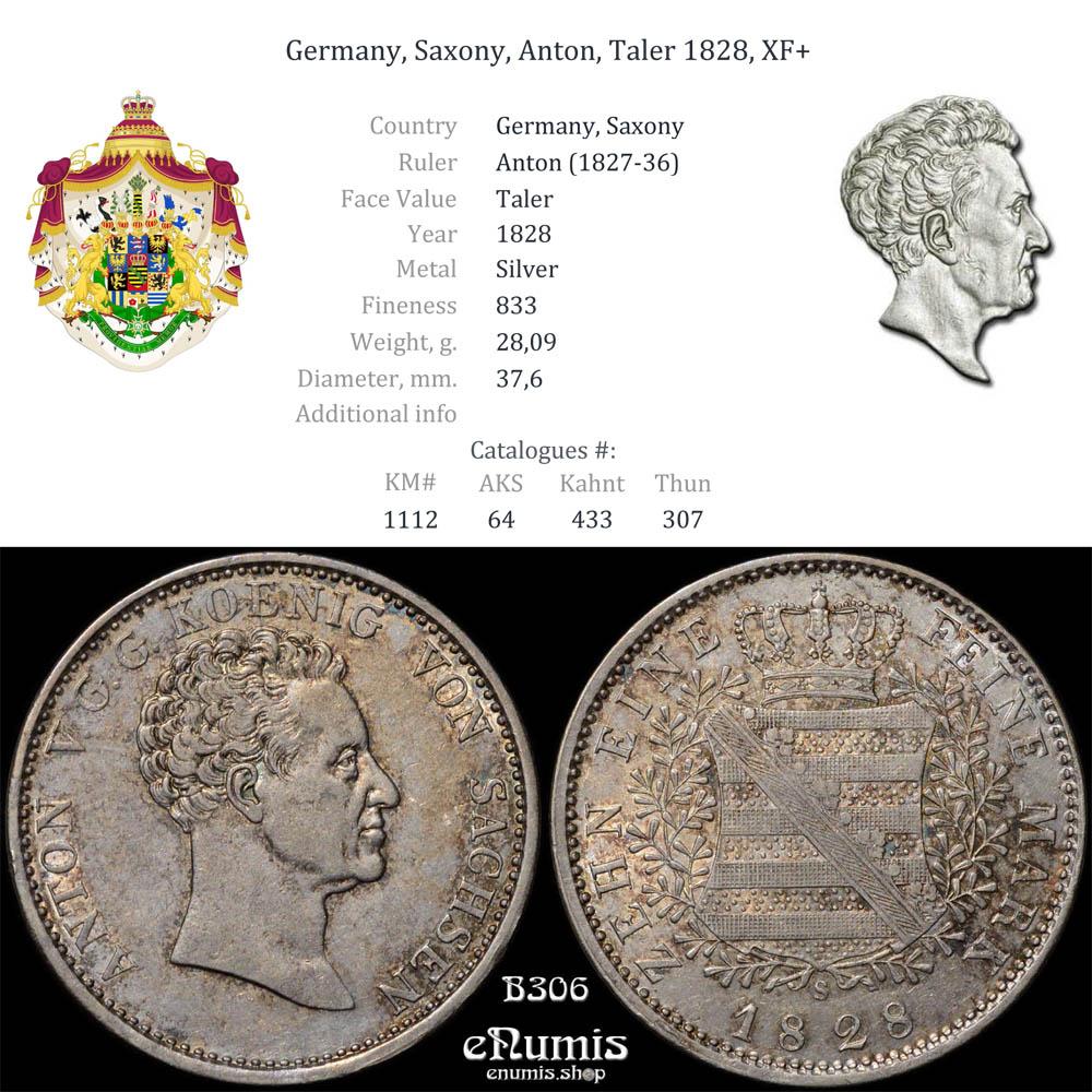 Germany, Saxony, Anton, Taler 1828, XF+ Germany, Saxony, Anton, Taler 1828, XF+