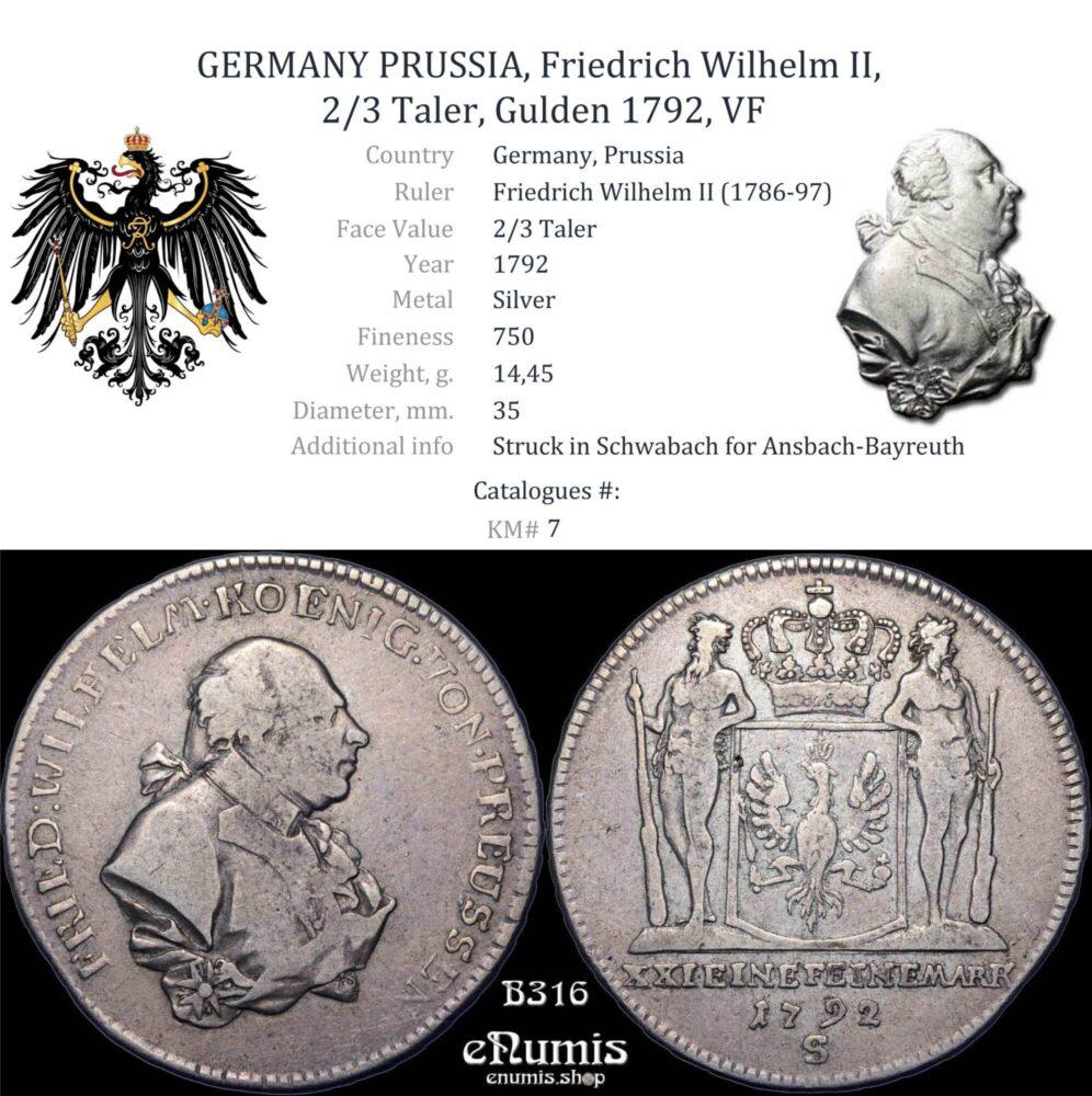 GERMANY PRUSSIA, Friedrich Wilhelm II, 2/3 Taler, Gulden 1792, VF