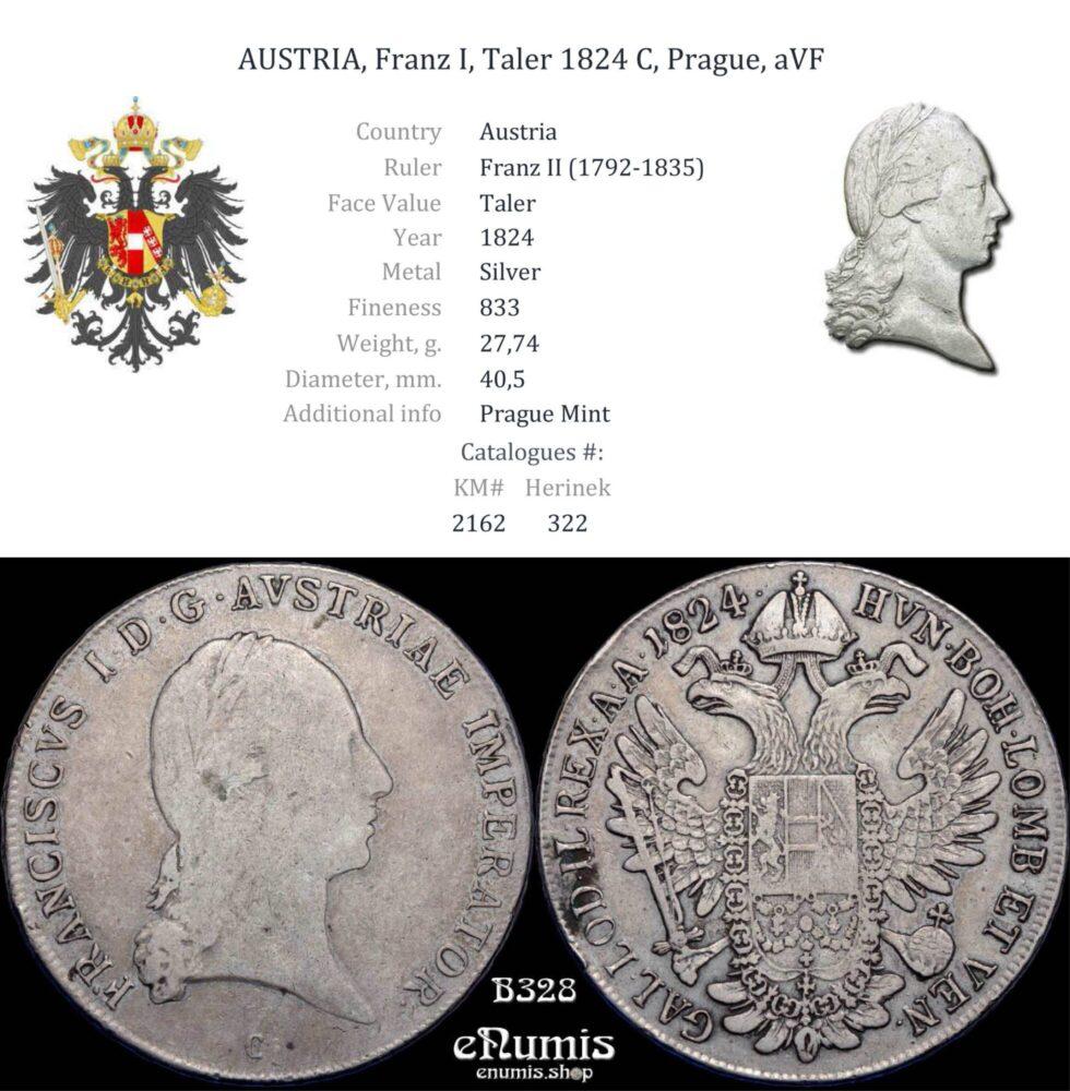 AUSTRIA, Franz I, Taler 1824 C, Prague, aVF AUSTRIA, Franz I, Taler 1824 C, Prague, aVF
