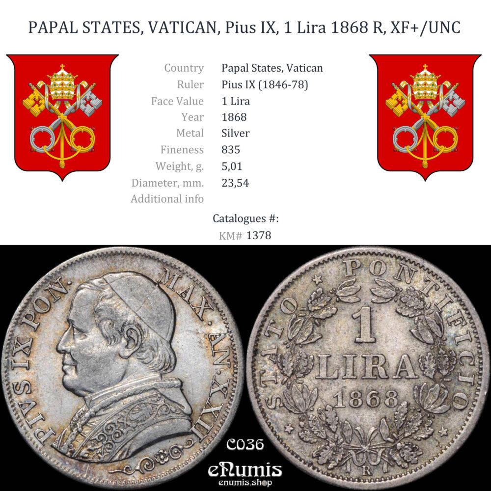 PAPAL STATES, VATICAN, Pius IX, 1 Lira 1868 R, XXII, XF+/UNC