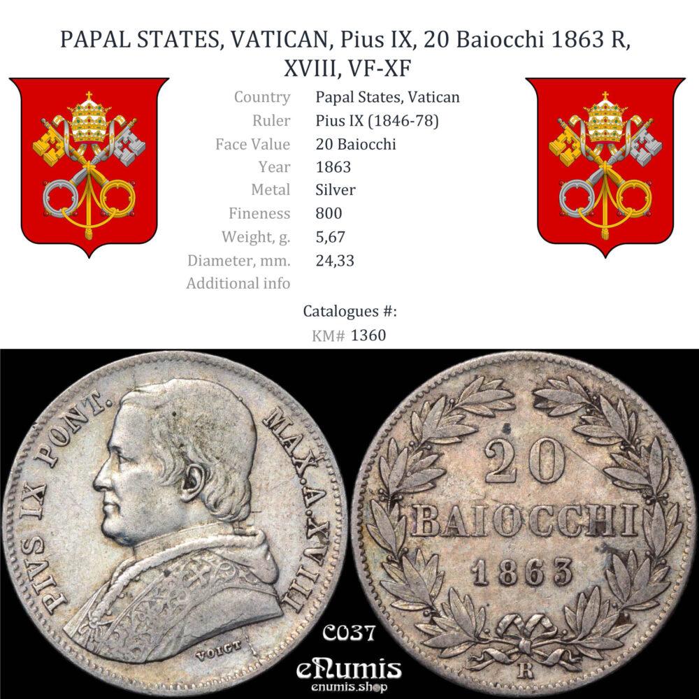 PAPAL STATES, VATICAN, Pius IX, 20 Baiocchi 1863 R, XVIII, VF-XF PAPAL STATES, VATICAN, Pius IX, 20 Baiocchi 1863 R, XVIII, VF-XF