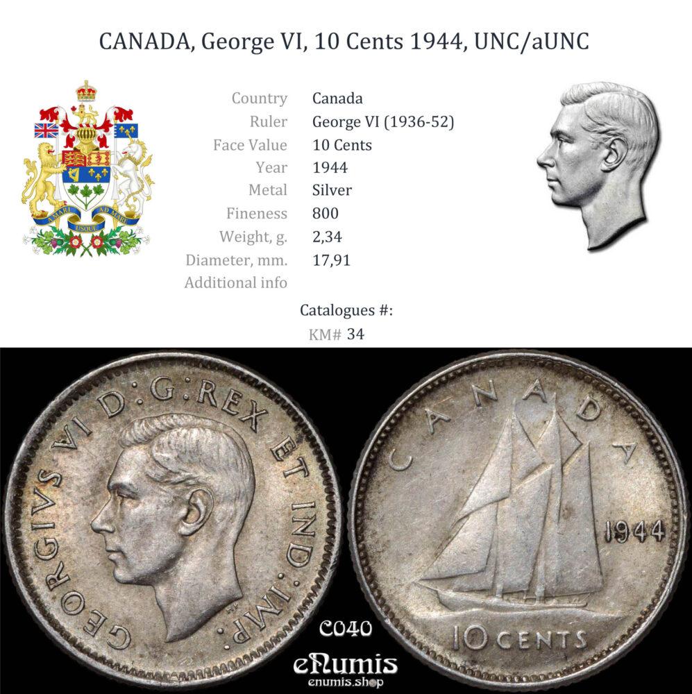 CANADA, George VI, 10 Cents 1944, UNC/aUNC