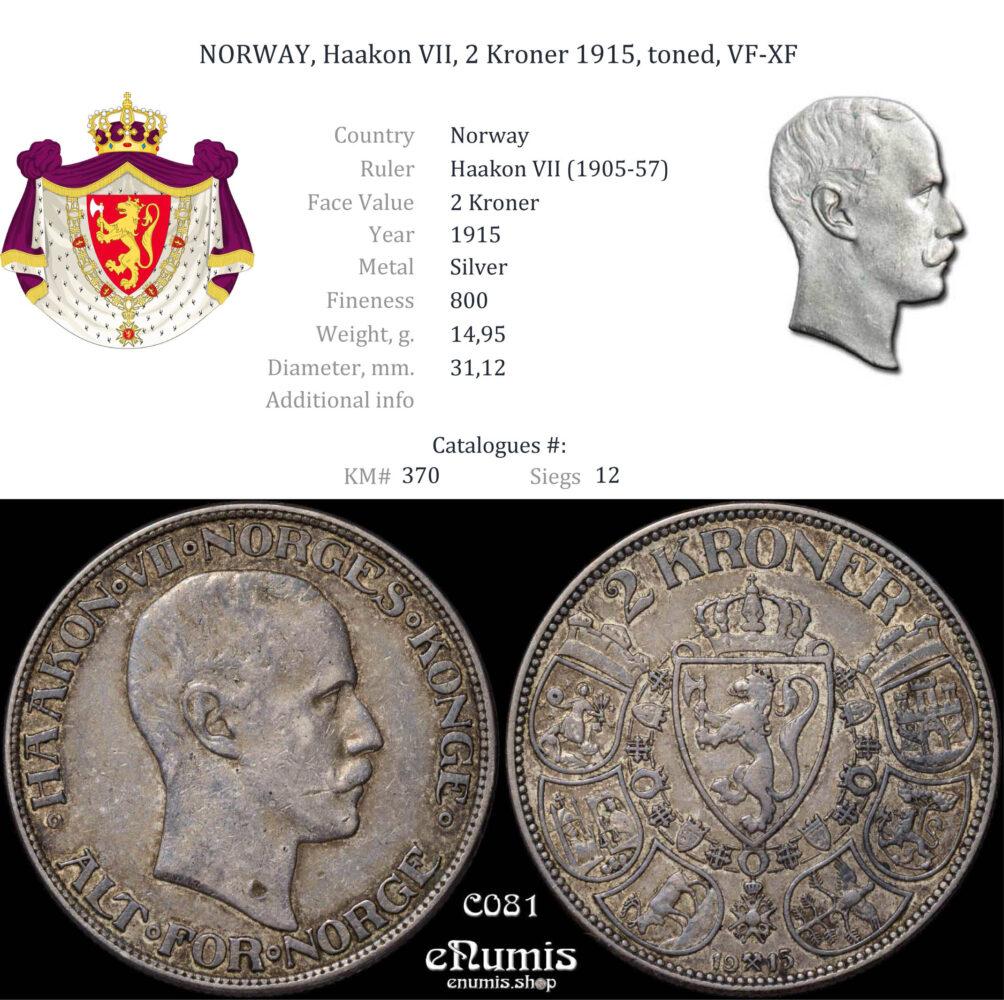 NORWAY, Haakon VII, 2 Kroner 1915, toned, VF-XF NORWAY, Haakon VII, 2 Kroner 1915, toned, VF-XF