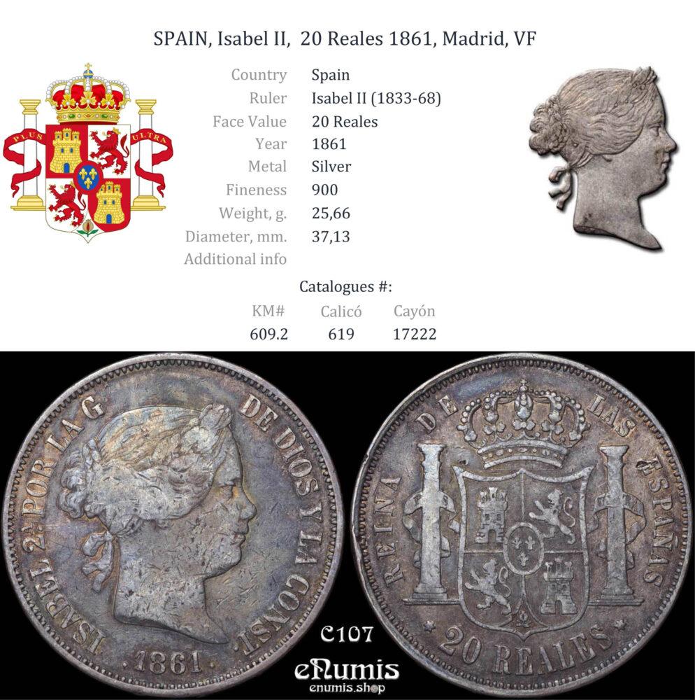 SPAIN, Isabel II, 20 Reales 1861, Madrid, VF