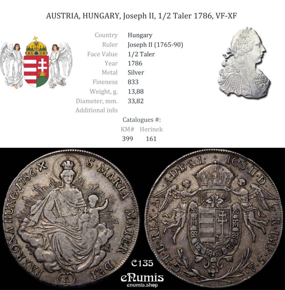 AUSTRIA, HUNGARY, Joseph II, 1/2 Taler 1786, VF-XF