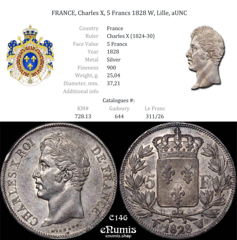 FRANCE, Charles X, 5 Francs 1828 W, Lille, aUNC