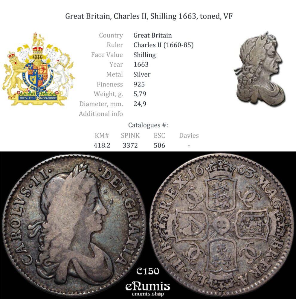 Great Britain, Charles II, Shilling 1663, toned, VF Great Britain, Charles II, Shilling 1663, toned, VF