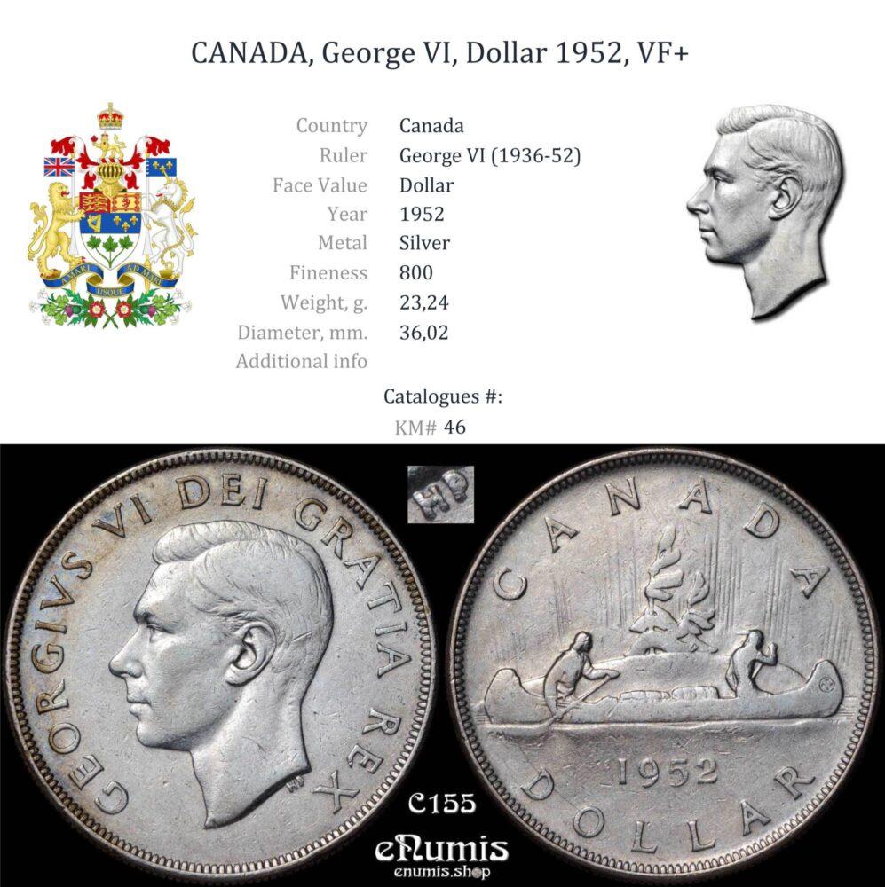 CANADA, George VI, Dollar 1952, VF+ CANADA, George VI, Dollar 1952, VF+