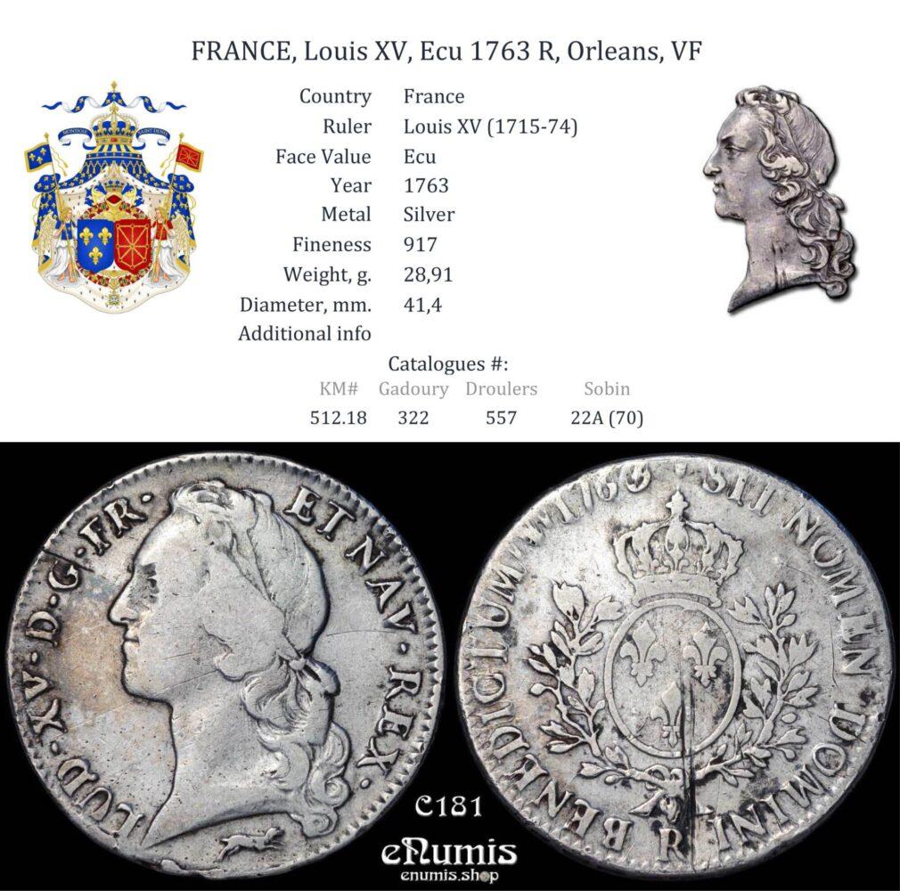 FRANCE, Louis XV, Ecu 1763 R, Orleans, VF