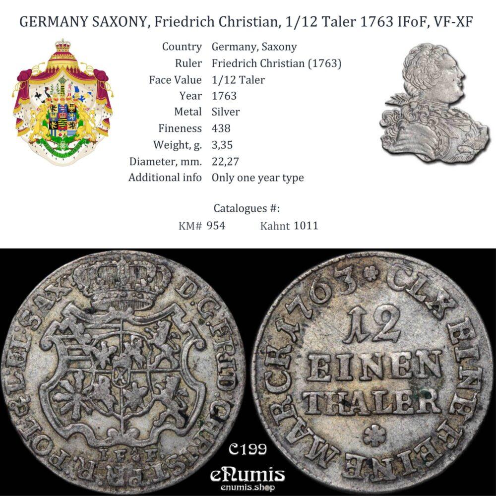 GERMANY SAXONY, Friedrich Christian, 1/12 Taler 1763 IFoF, VF-XF