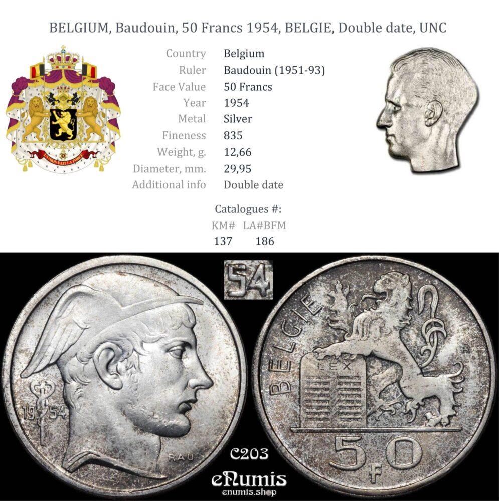 Zapros Карточка BELGIUM, Baudouin, 50 Francs 1954, BELGIE, Double date, UNC