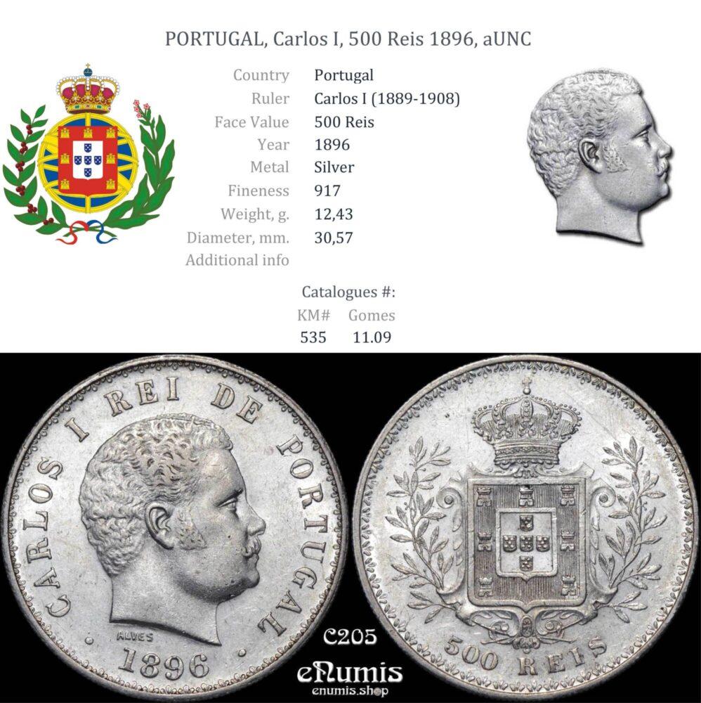 PORTUGAL, Carlos I, 500 Reis 1896, aUNC