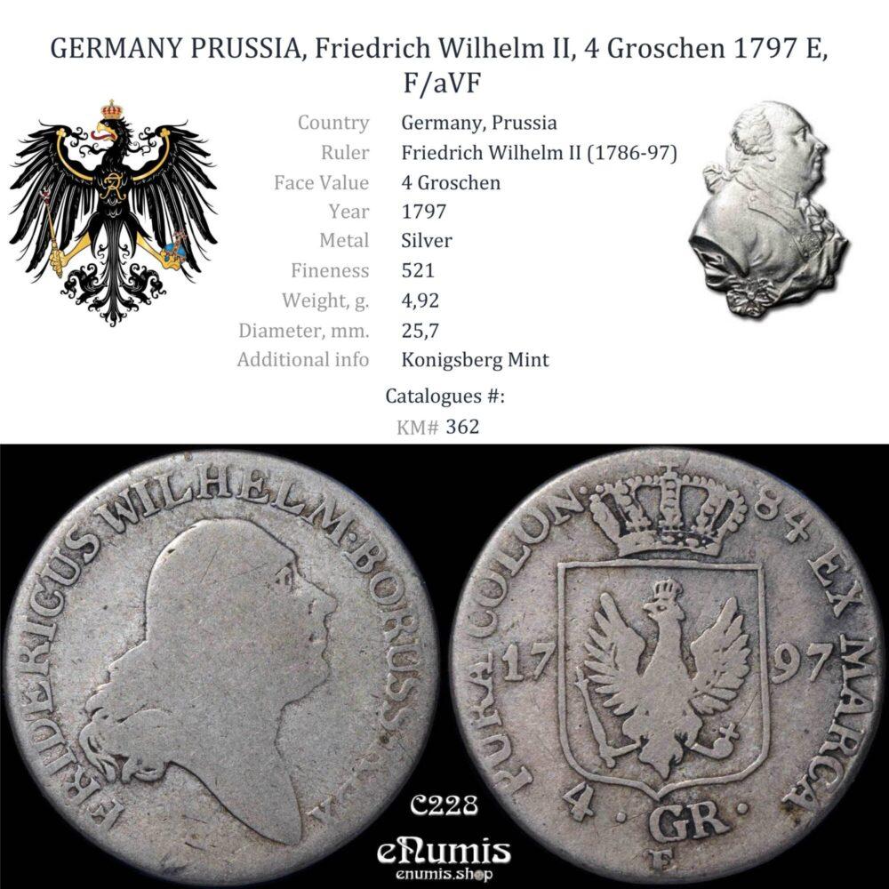 GERMANY PRUSSIA, Friedrich Wilhelm II, 4 Groschen 1797 E, F/aVF