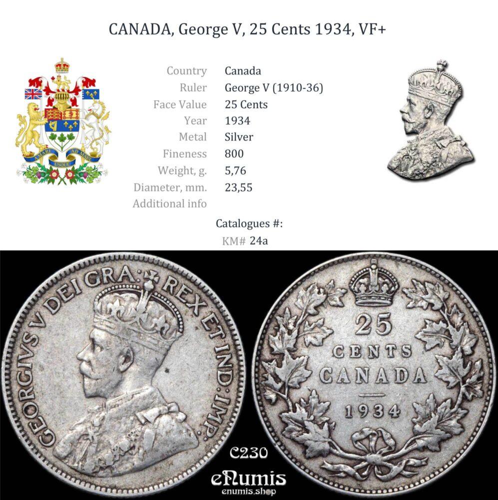 CANADA, George V, 25 Cents 1934, VF+