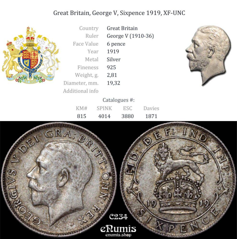 Great Britain, George V, Sixpence 1919, XF-UNC