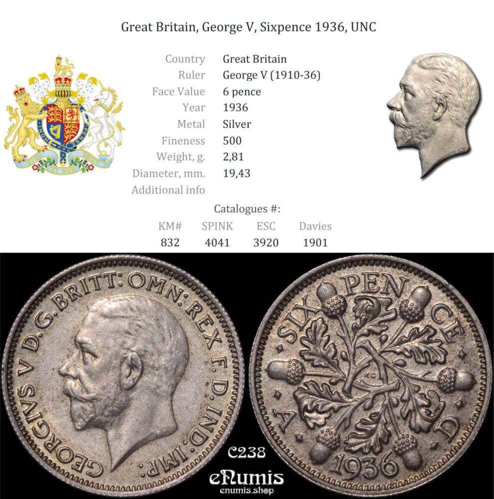 Great Britain, George V, Sixpence 1936, UNC