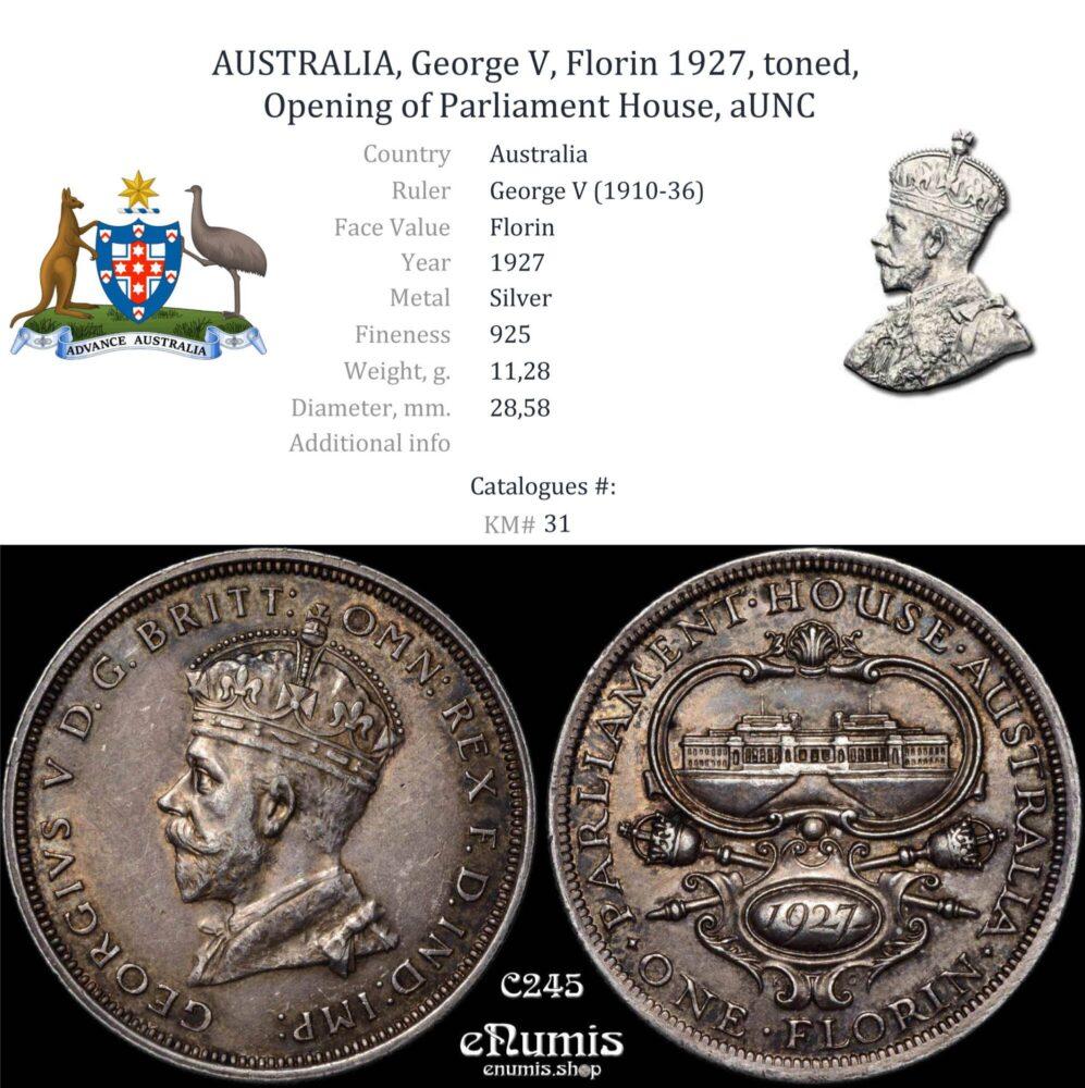 AUSTRALIA, George V, Florin 1927, toned, Opening of Parliament House, aUNC