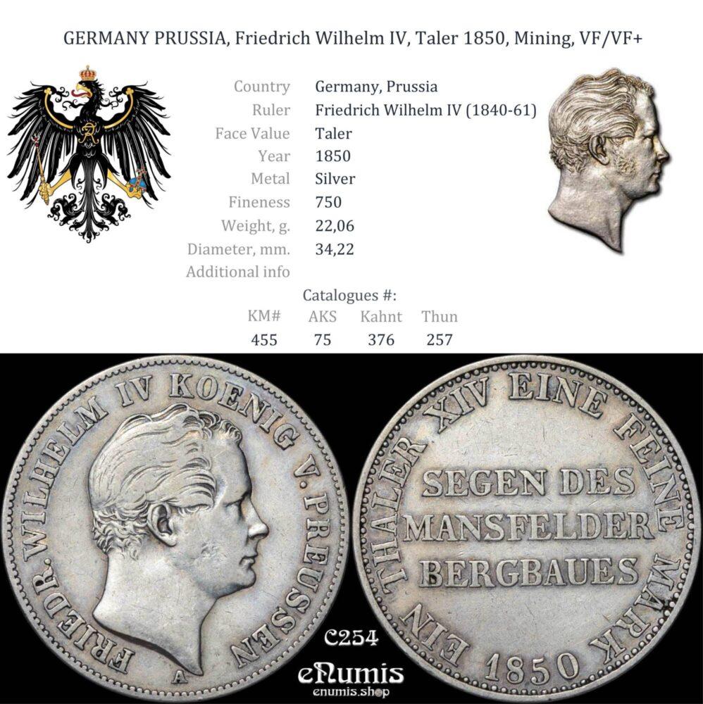 GERMANY PRUSSIA, Friedrich Wilhelm IV, Taler 1850, Mining, VF/VF+