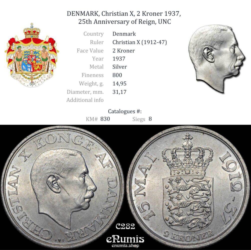 DENMARK, Christian X, 2 Kroner 1937, 25th Anniversary of Reign, UNC