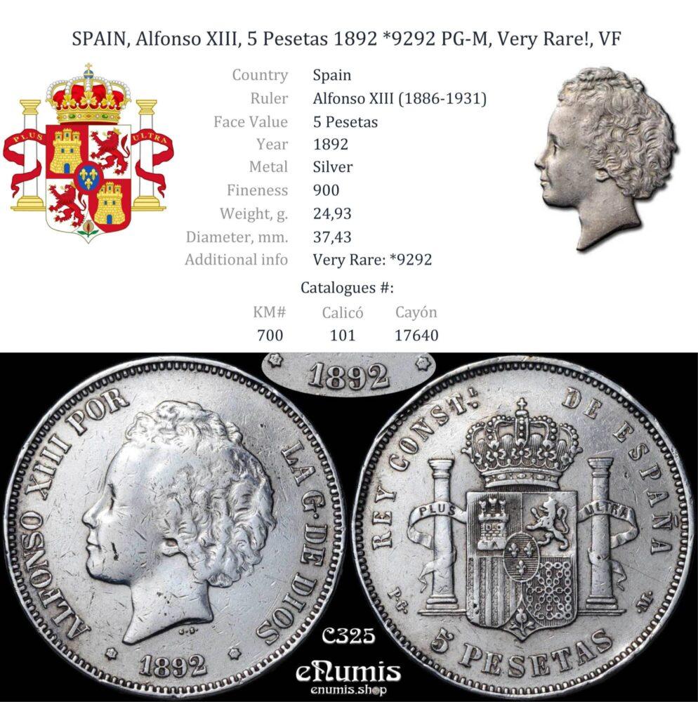 SPAIN, Alfonso XIII, 5 Pesetas 1892 *9292 PG-M, Very Rare!, VF