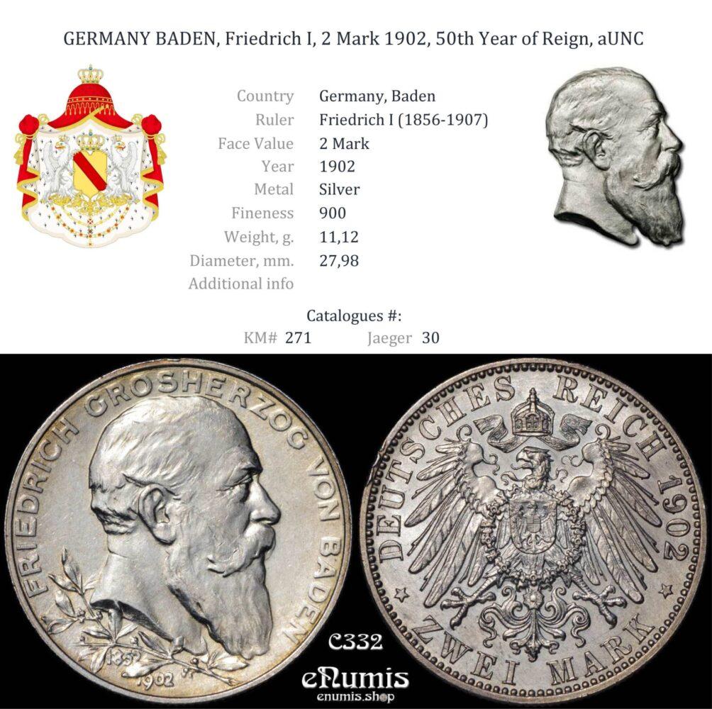GERMANY BADEN, Friedrich I, 2 Mark 1902, 50th Year of Reign, aUNC