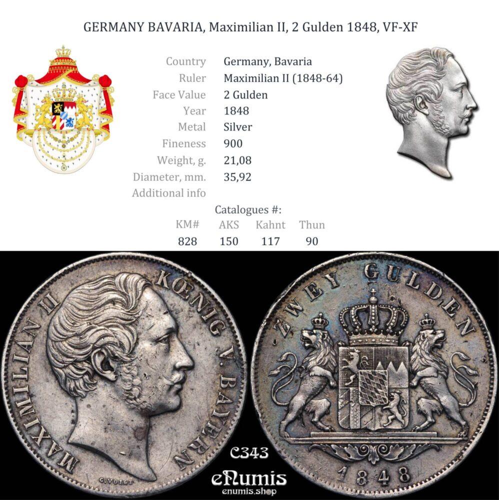 GERMANY BAVARIA, Maximilian II, 2 Gulden 1848, VF-XF