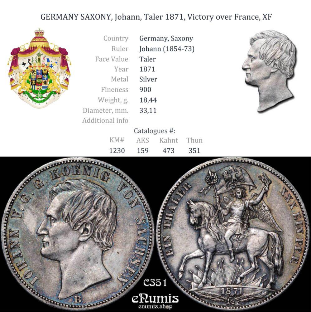 GERMANY SAXONY, Johann, Taler 1871, Victory over France, XF