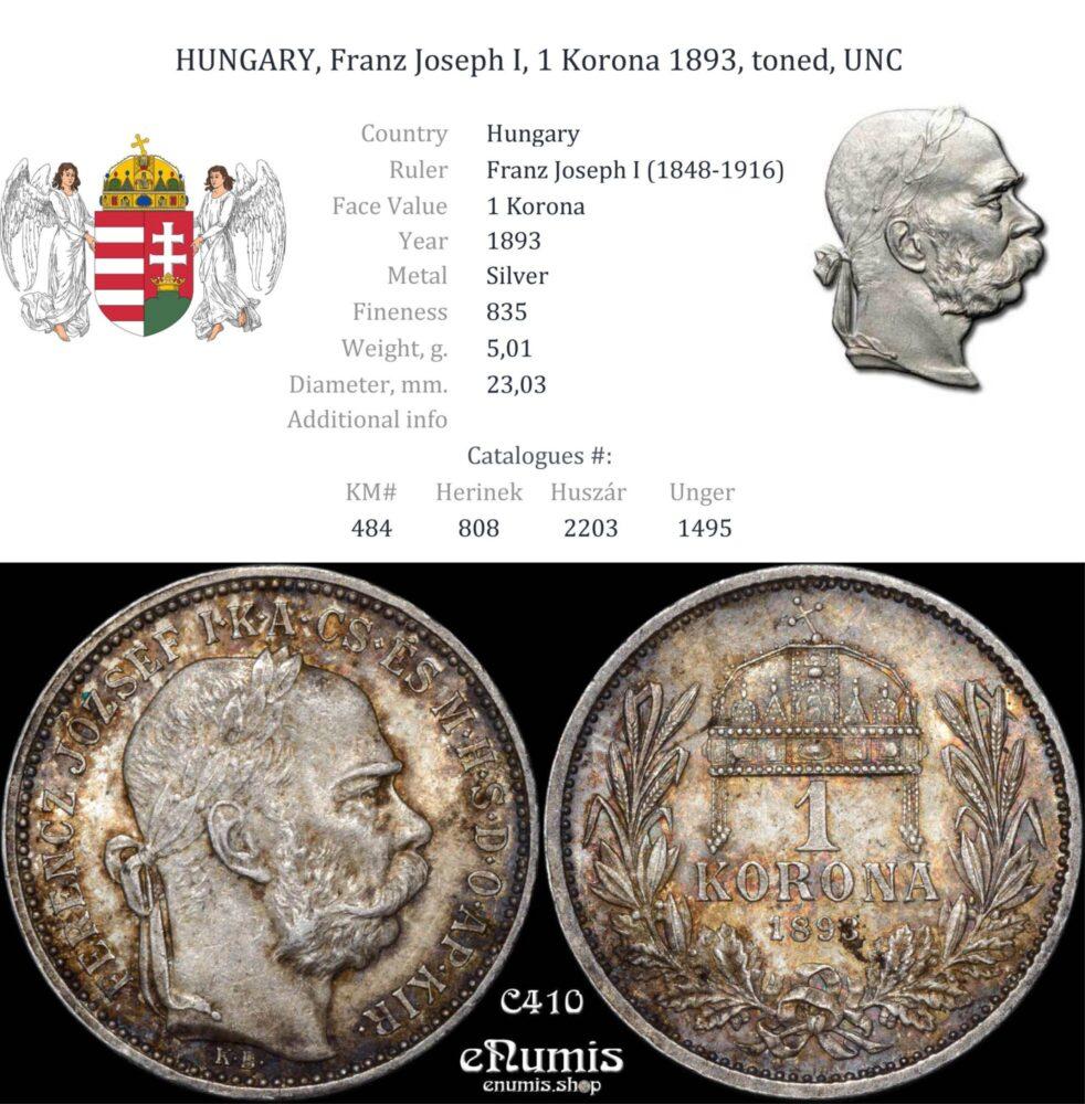 HUNGARY, Franz Joseph I, 1 Korona 1893, toned, UNC