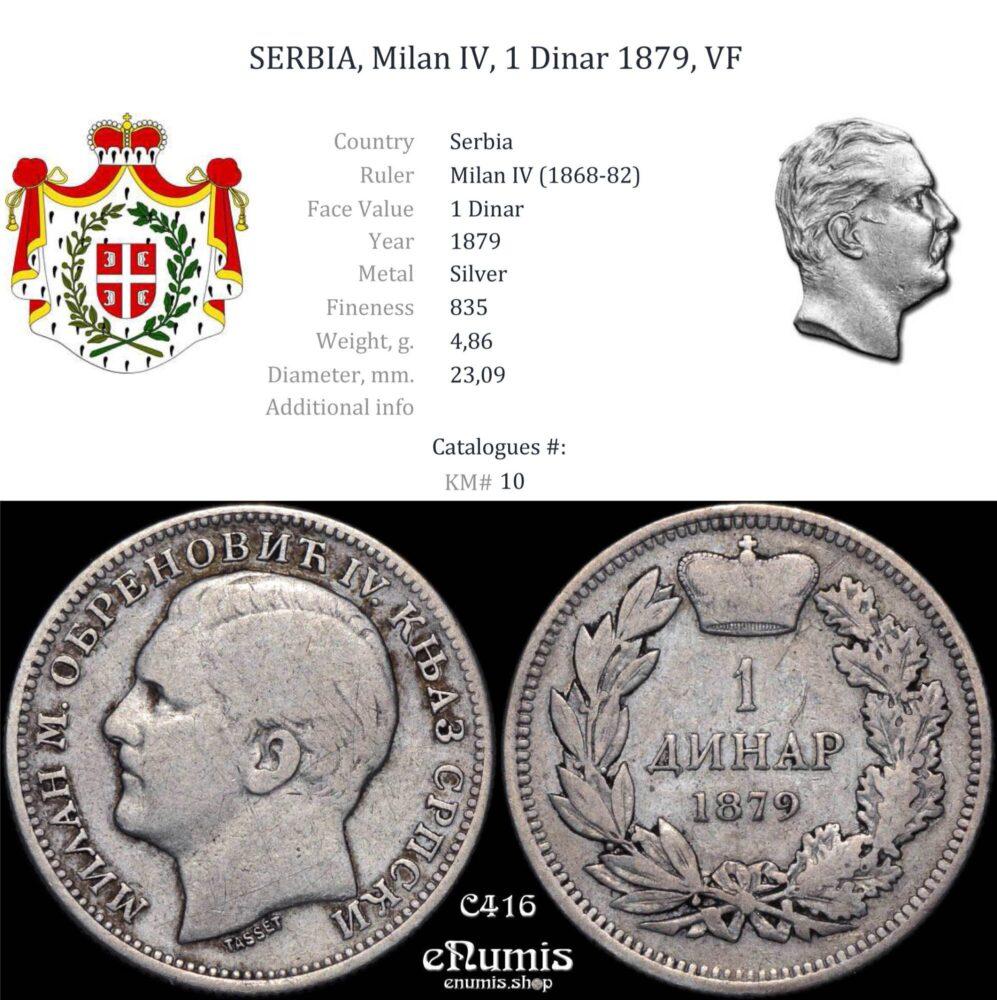 SERBIA, Milan IV, 1 Dinar 1879, VF SERBIA, Milan IV, 1 Dinar 1879, VF