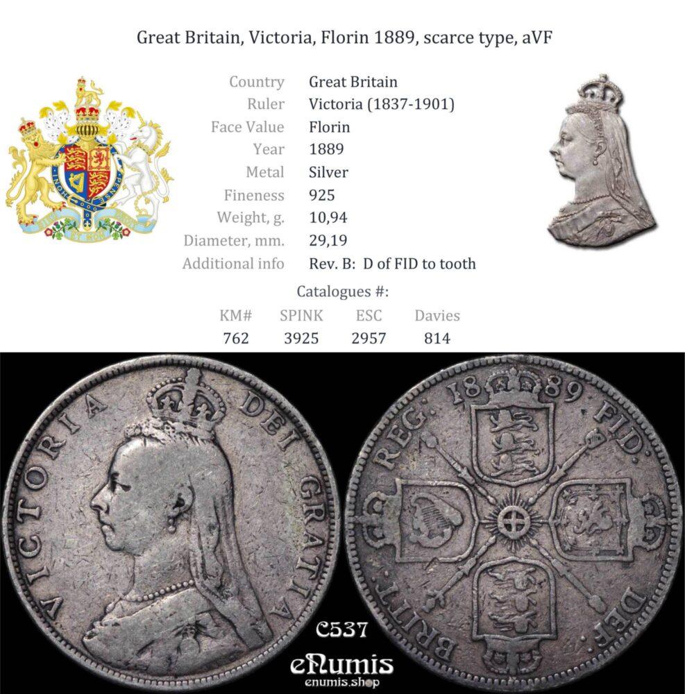 Great Britain, Victoria, Florin 1889, scarce type, aVF Great Britain, Victoria, Florin 1889, scarce type, aVF