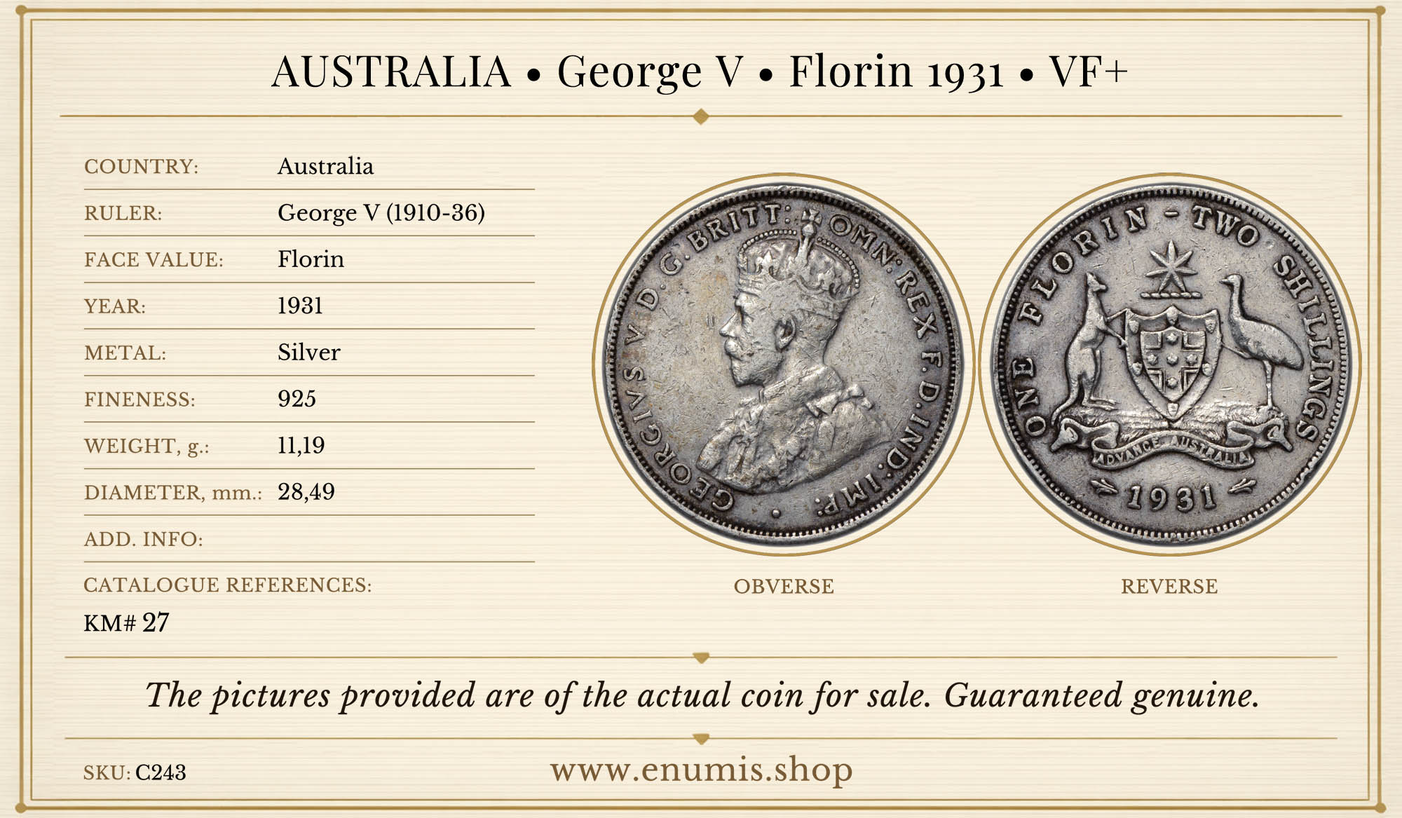 AUSTRALIA, George V, Florin 1931, VF+