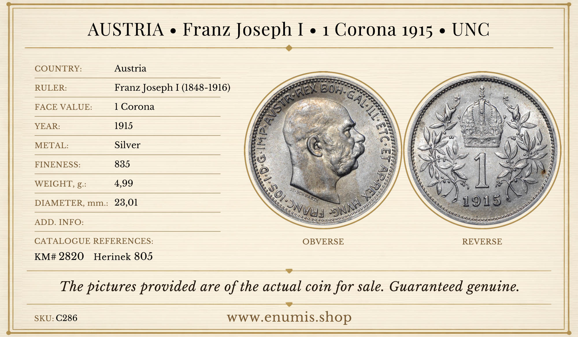 AUSTRIA, Franz Joseph I, 1 Corona 1915, UNC